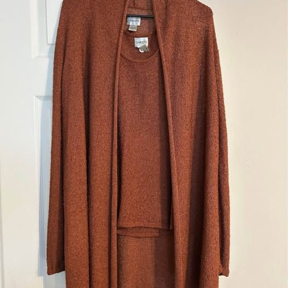 Chico’s Size 1 Rust Brown 2 Piece Cardigan Tank Set Lightweight Knit Rayon
